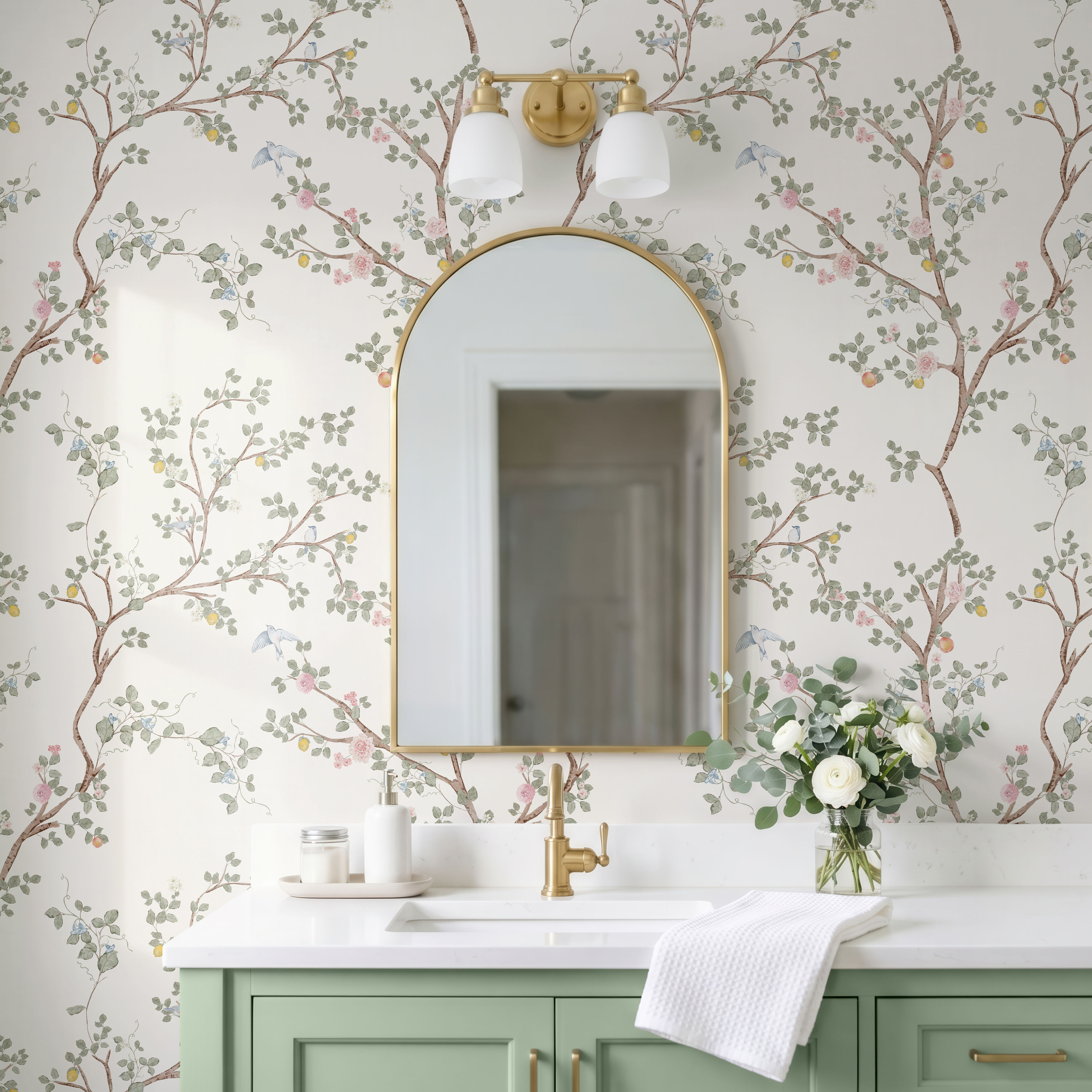 Watercolor Chinoiserie Forest wallpaper 0531 in a bathroom with a sage green vanity, brass mirror and botanical branches