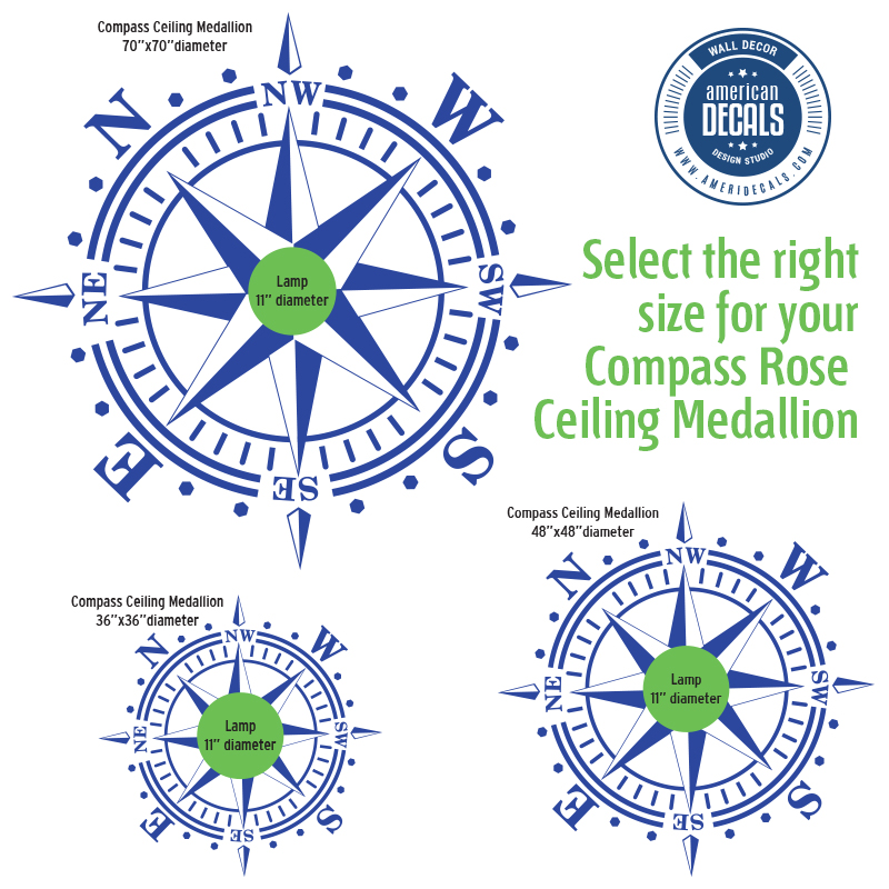 ameridecals.com How to select the right size compass rose ceiling medallion using an 11 inches diamter lamp