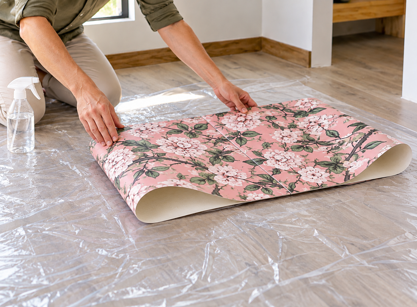 Installer loosely booking both ends of wet prepasted floral wallpaper adhesive-to-adhesive without creasing