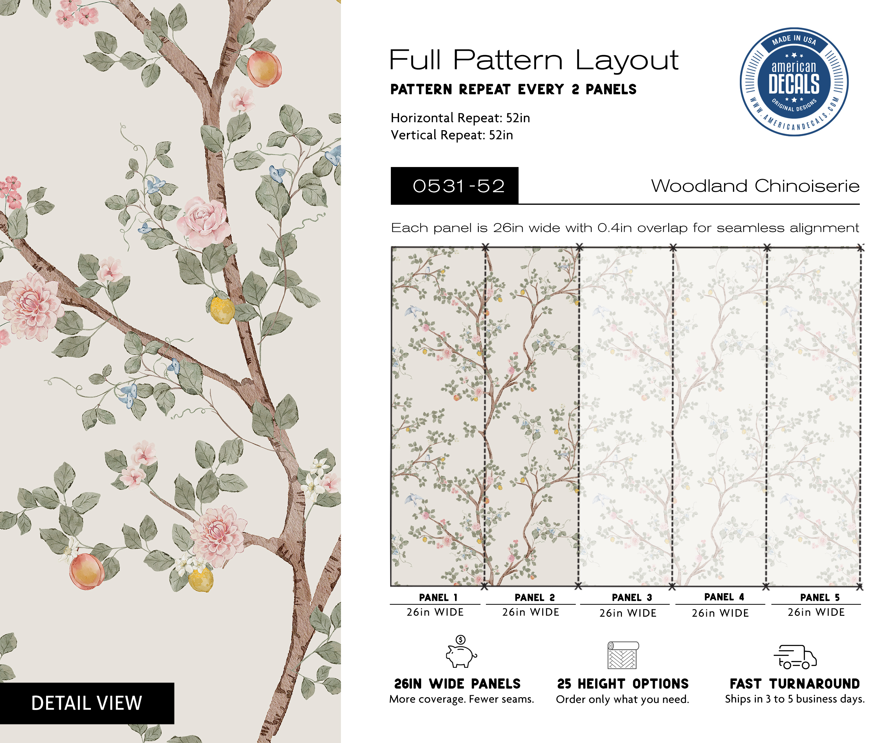 Woodland Chinoiserie wallpaper 0531 full pattern layout showing 26-inch panels and the 52-inch repeat