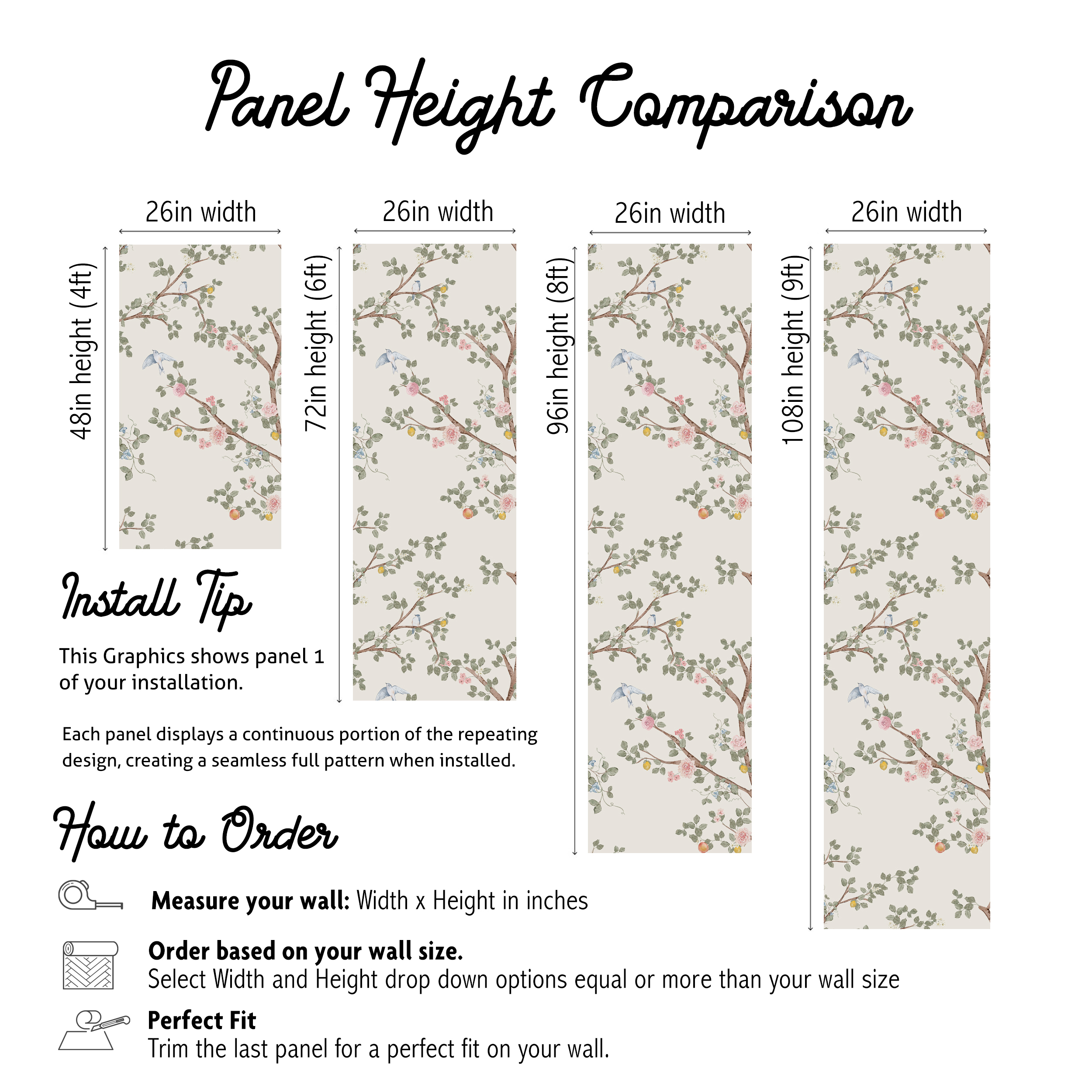 Woodland Chinoiserie wallpaper 0531 panel height comparison showing 48, 72, 96 and 108-inch wallpaper panels